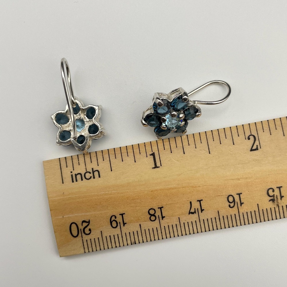 Sterling Silver Blue Topaz Color CZ Petite Flower Drop Earrings Elegant Dainty - Picture 5 of 7